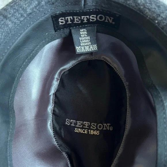 Stetson "All American" Fedora Mens charcoal Textured Herringbone Pattern, Rivet - Picture 7 of 9